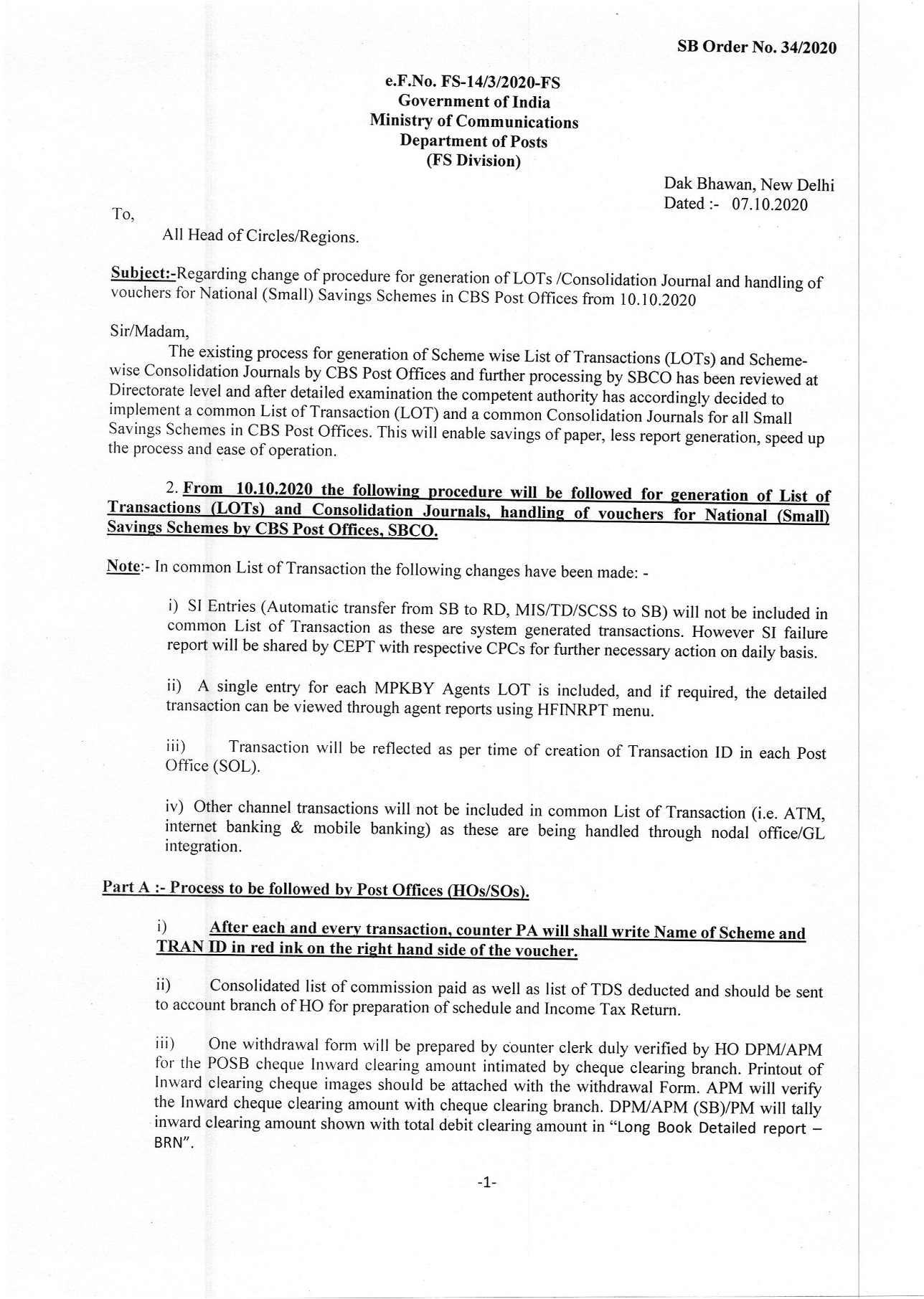 SB Order 34/2020 : Change of procedure for generation of LOTs ...